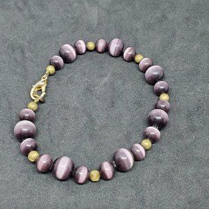 Purple Cat's Eye Bead Bracelet Bronze Tone Women 7